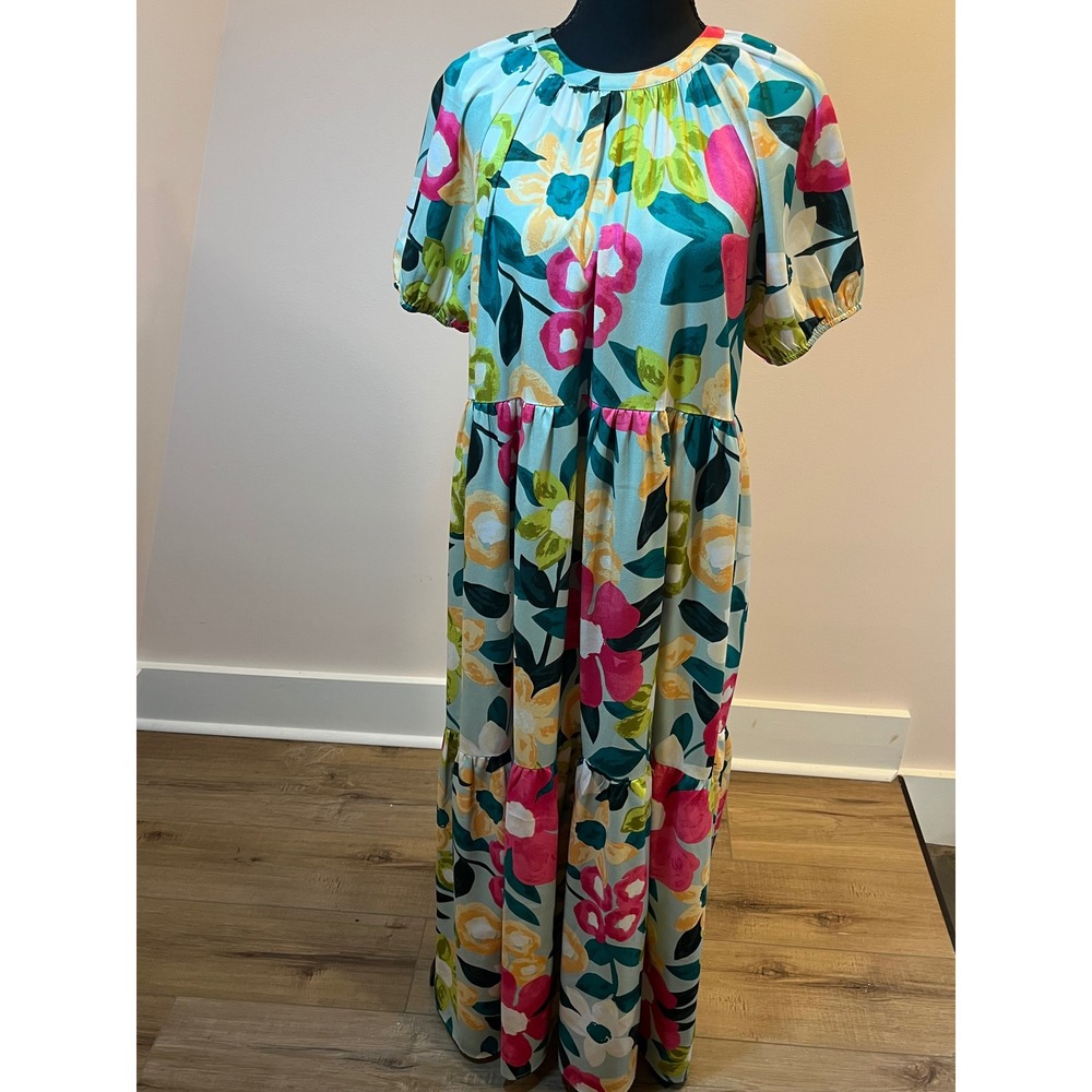 TCEC Floral Tiered Maxi Dress Short Puff Sleeve Keyhole Back Multi Color Size M